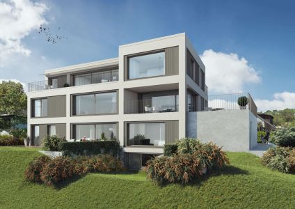 3D Visualisierung, Siedlung, Haus, Wohnungen, Mehrfamilienhaus. Gebäude
