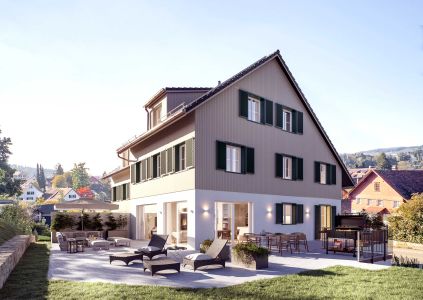 3d architektur rendering mehrfamilienhaus 3D Architektur Rendering eines Mehrfamilienhauses im Schweizer Wohnstil
